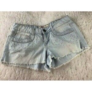 Lei Womens Shorts Size 3 Ashley Low Rise Light Wash Stretch Raw Hem Embellished